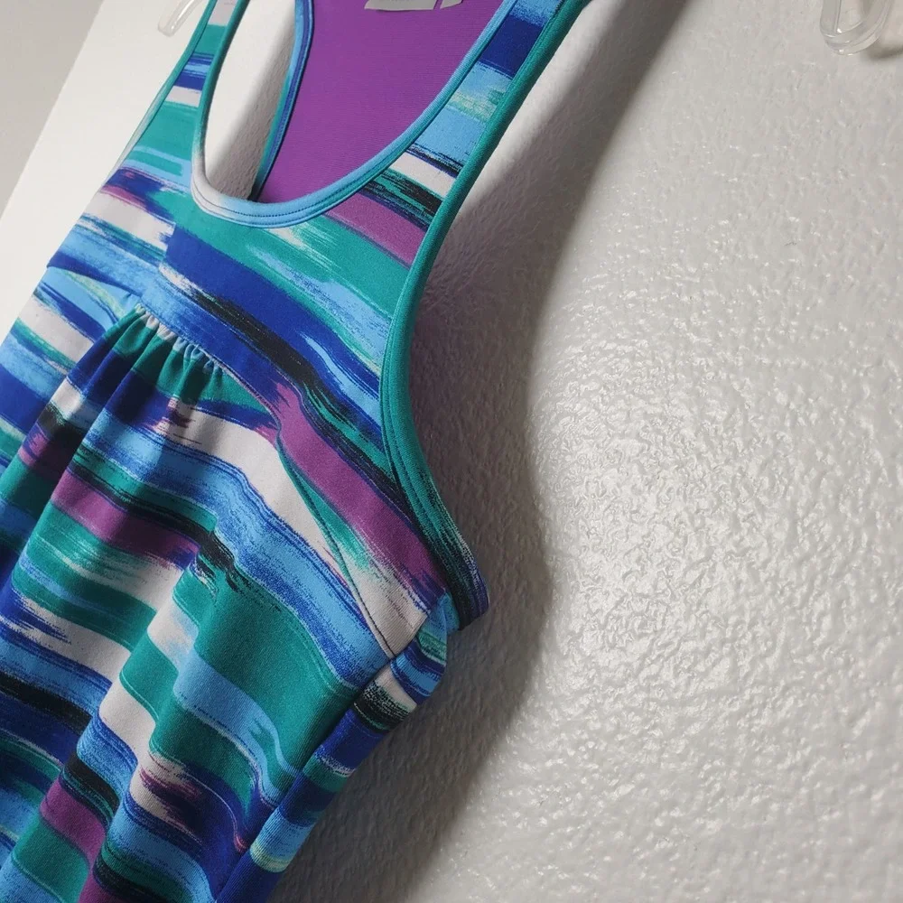 Athleta Tinker Tank Racerback Striped‎ Swim Tankini Swimsuit Top Blue Purple